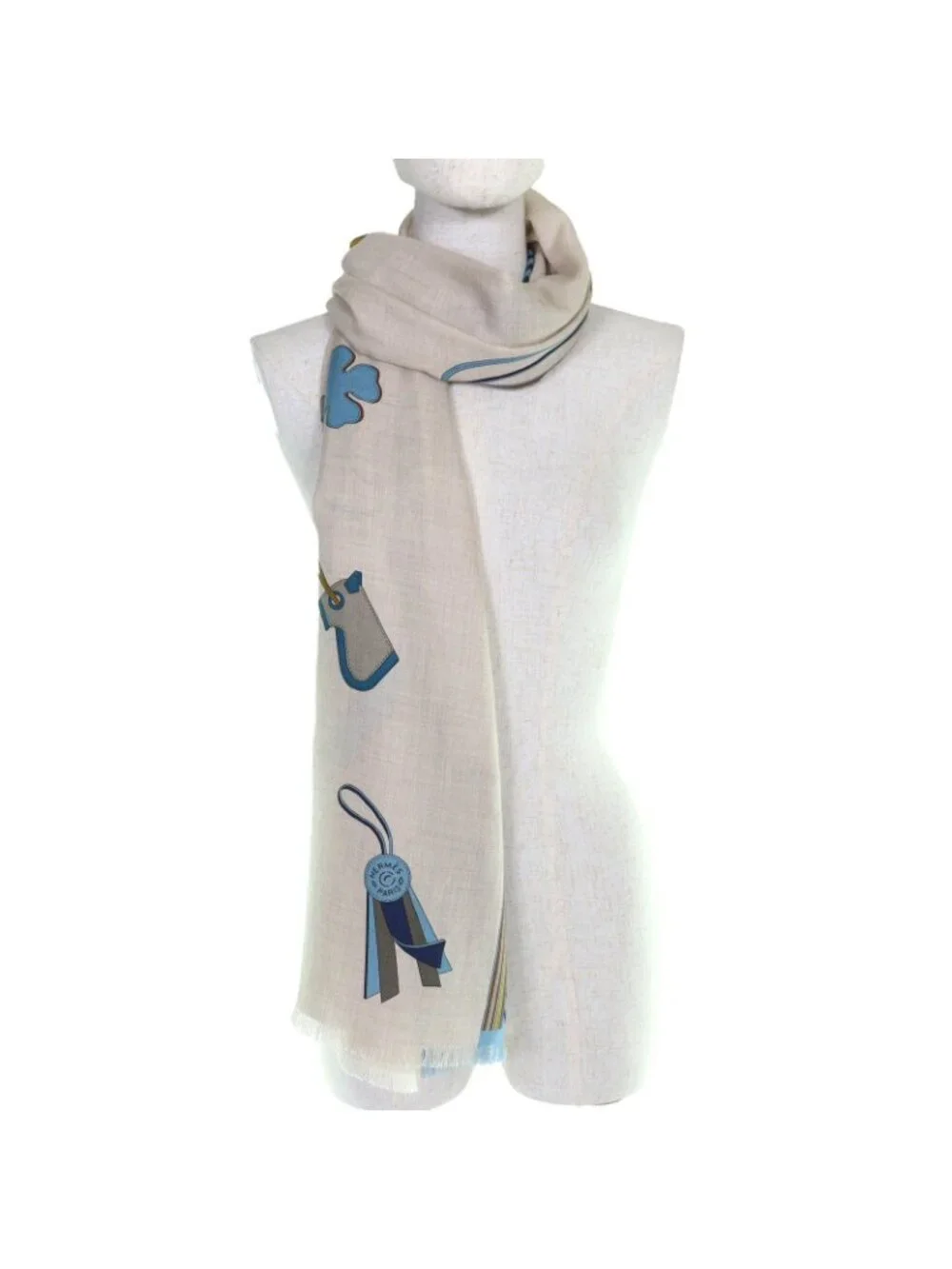 Hermes Rectangle Brides ET Gray Bridle And Charm Cashmere Silk Fringe Scarf